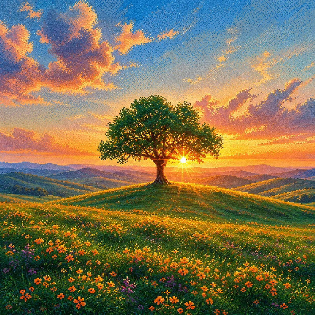 A lone tree in a wildflower meadow at sunset, rendered in a pixel-print style